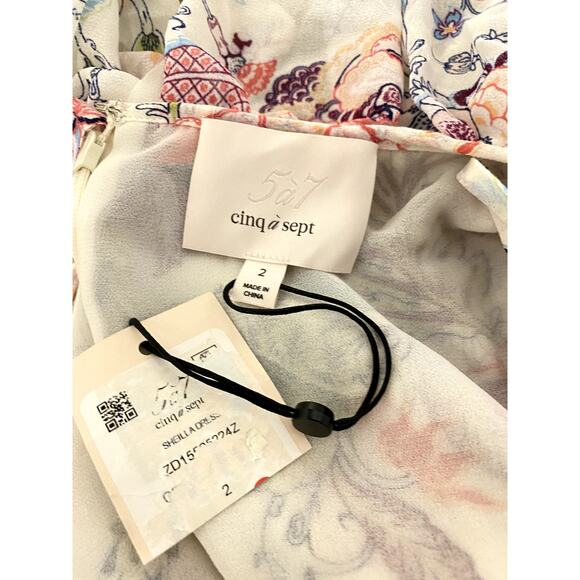 Cinq a Sept Sheilla Floral Ruffle White Midi V Neck Dress 2 - Picture 2 of 7